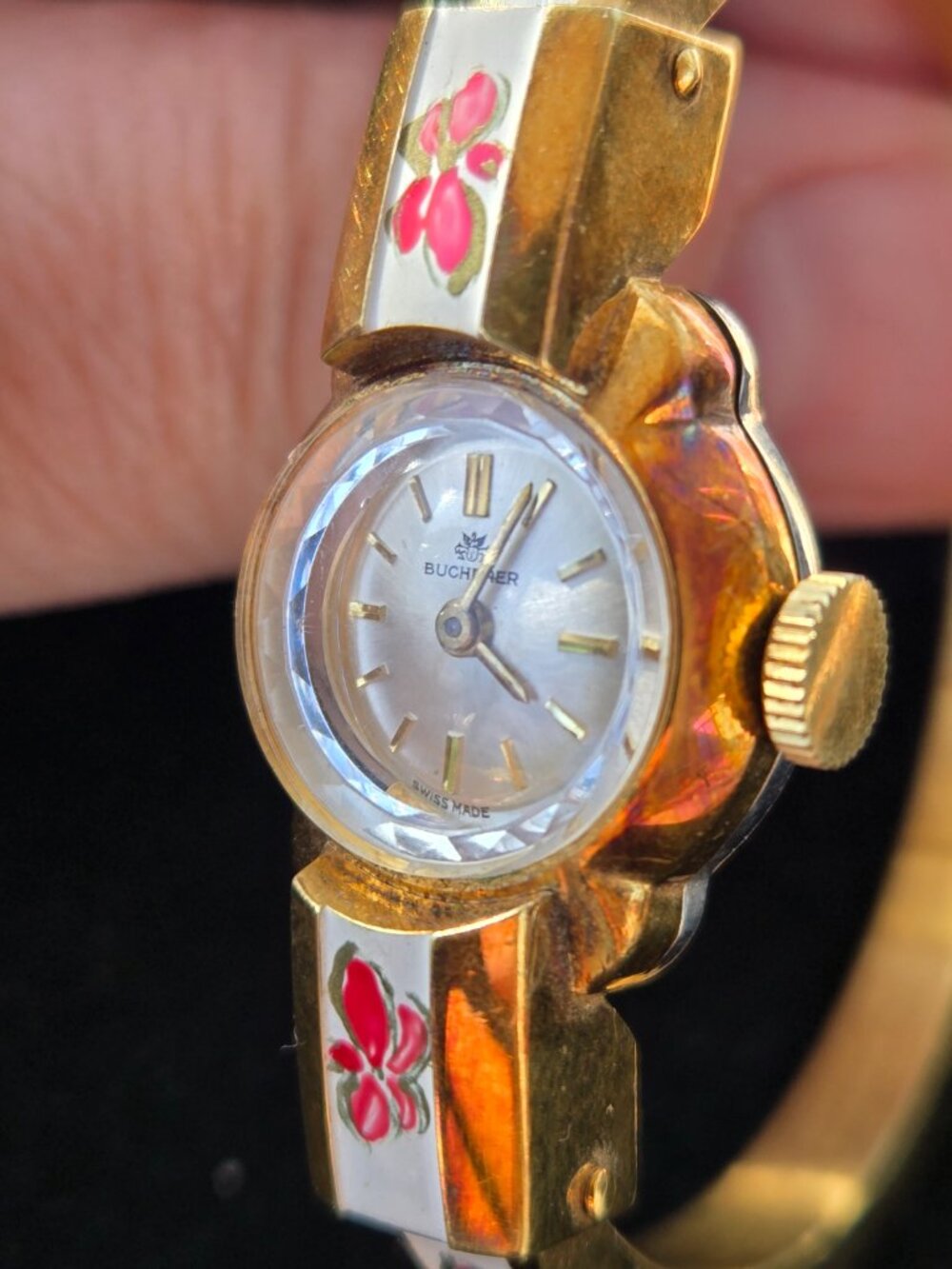 Vintage White and Floral Enamel Hinged Bucherer Watch - Picture 2 of 10